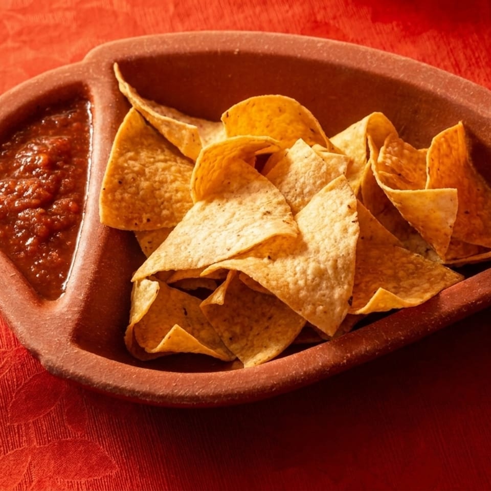 Tortilla chips and salsa in a chili-shaped terracotta dish on a red tablecloth.