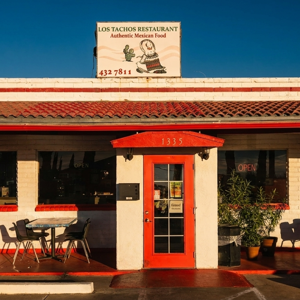 Exterior of Los Tachos Restaurant with a red door, outdoor seating, and a sign against a blue sky.