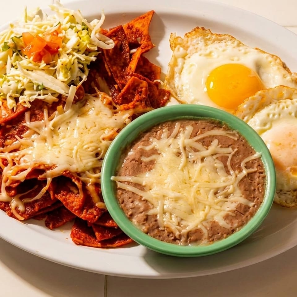 Chilaquiles with red sauce, shredded cheese, cabbage, two fried eggs, and refried beans.
