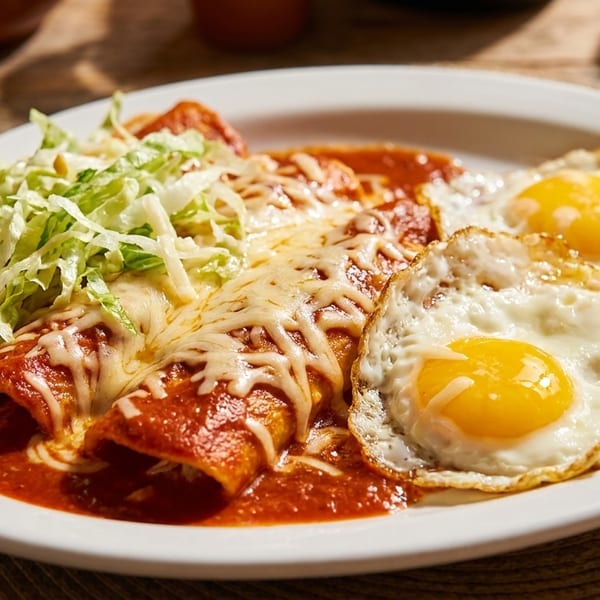 A plate of enchiladas with red sauce, melted cheese, shredded lettuce, and two fried eggs.
