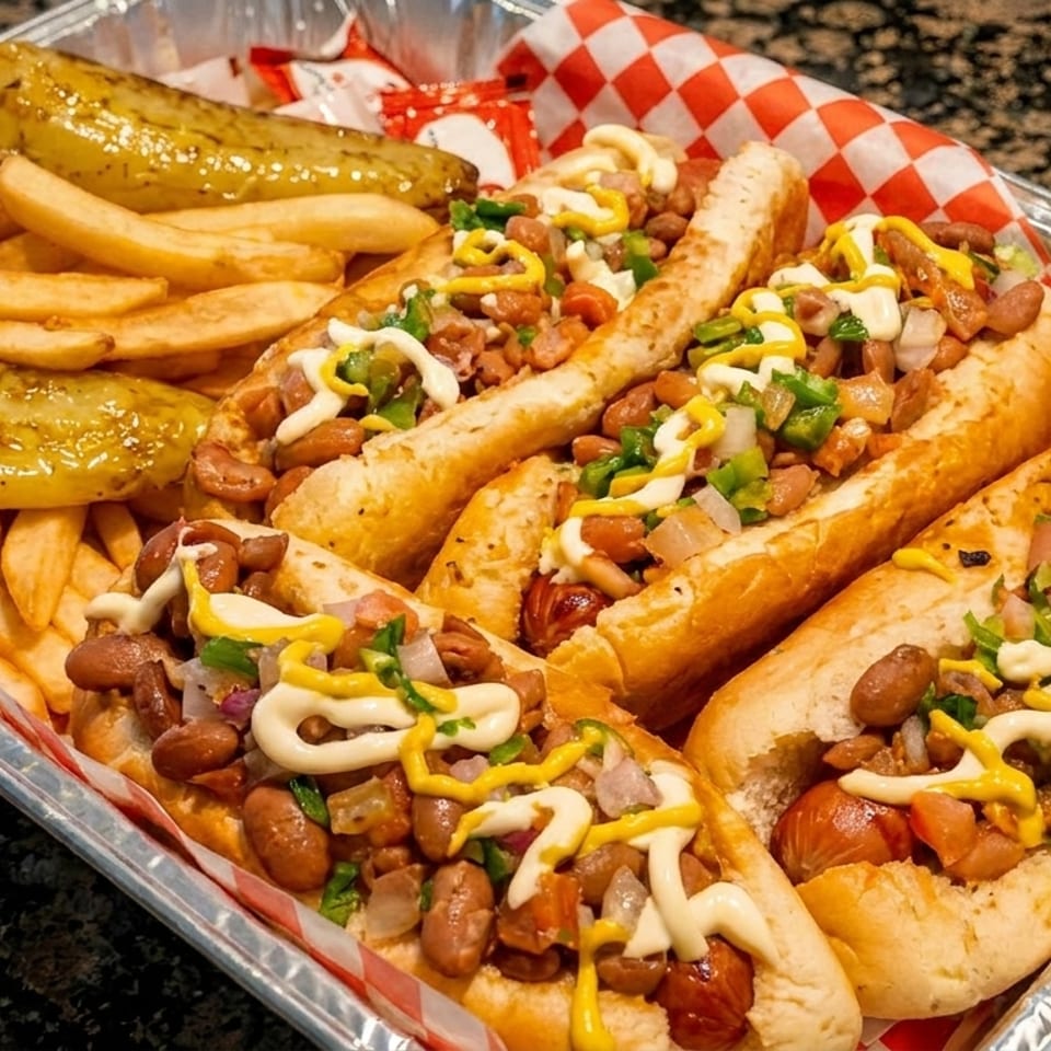 Four loaded hot dogs with beans, relish, mustard, and mayonnaise, served with fries and peppers.